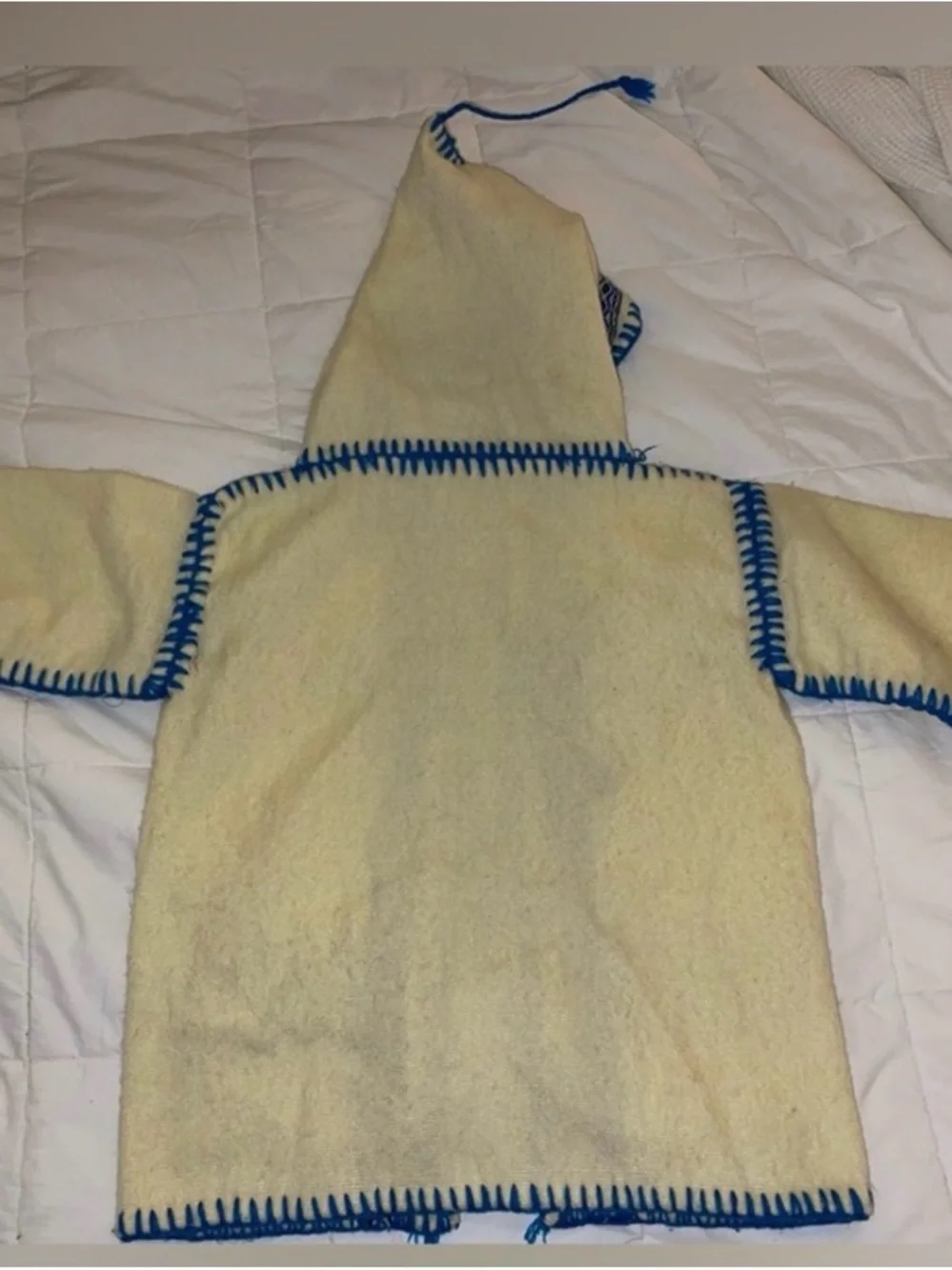 Handmade Bohemian Cream Hooded Kids Jacket with Blue Trim - Kids XL